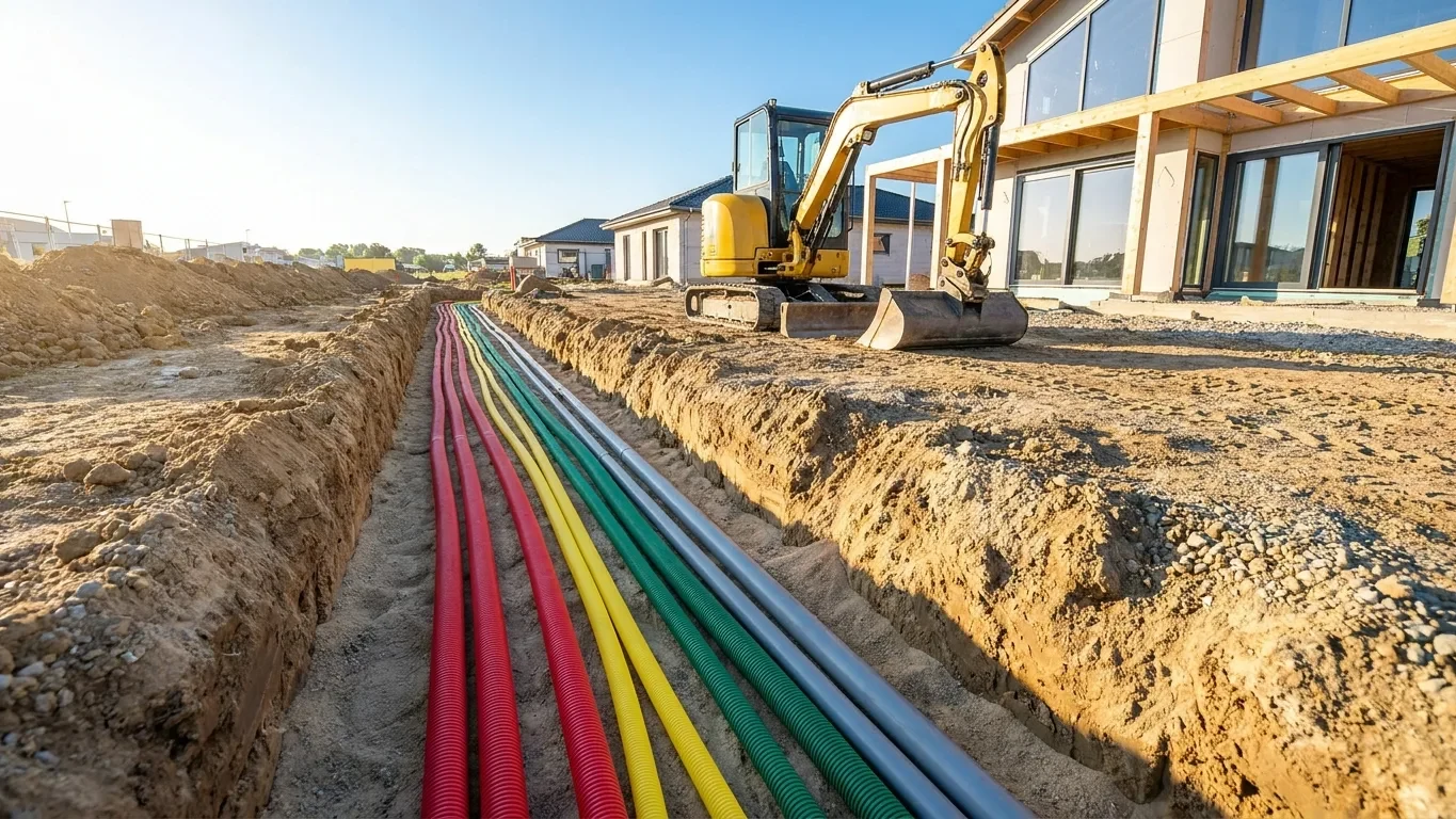 Création de tranchées techniques : raccordements EDF, télécom, gaz, eaux usées et eaux pluviales
